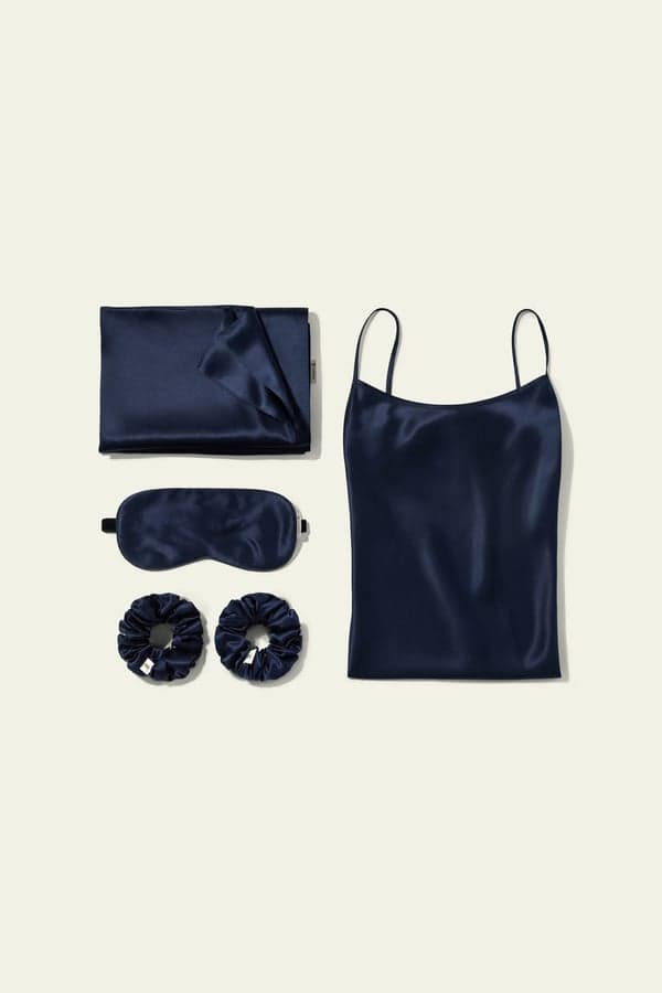 LILYSILK Ensemble Cadeau Nuit Soie Bleu Marine XS - Chemise de Nuit, Masque, Taie d'Oreiller 22 Mommes