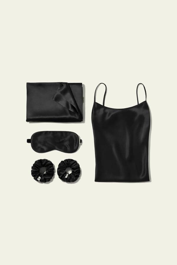 LILYSILK Coffret Cadeau Soie Noir XS: Chemise de Nuit, Taie d'Oreiller 22 Momme, Masque & Chouchous
