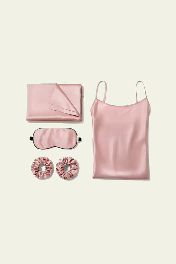 LILYSILK Ensemble Cadeau Soie Rosy Pink S - Chemise de Nuit, Taie d'Oreiller 22 Mommes, Masque & Chouchous