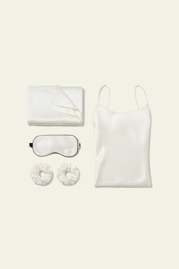 LILYSILK Coffret Cadeau Soie Femme XS Ivoire | Chemise de Nuit, Taie d'Oreiller 22 Mommes, Masque & Chouchous | Doux & Luxueux